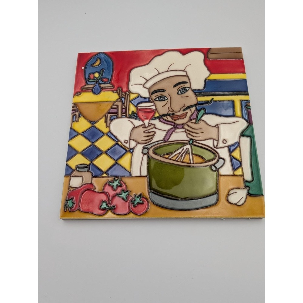 Vintage Italian Tile Chef 8 x 8 Ceramic Wall Tiles / Trivets w/Stand Set of 4 - Picture 9 of 12